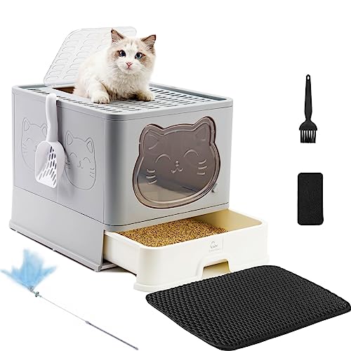 HelloMiao Vollständig Geschlossene Katzentoilette mit Deckel Schubladentyp Desodorierende Cat Litter Box Gross Faltbare Katzenklo mit Mit hängender Katzenstreuschaufel (Grau+Bodenmatte) von HelloMiao