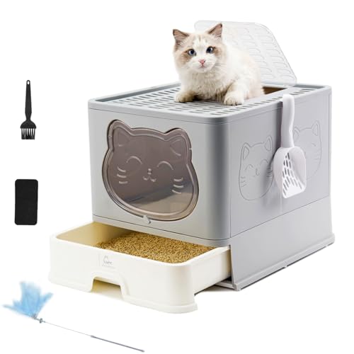 HelloMiao Vollständig Geschlossene Katzentoilette mit Deckel Schubladentyp Desodorierende Cat Litter Box Gross Faltbare Katzenklo mit Mit hängender Katzenstreuschaufel (Hellgrau) von HelloMiao