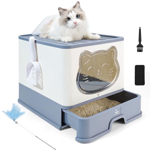 HelloMiao Vollständig Geschlossene Katzentoilette mit Deckel Geruchsneutralisierendes Katzenklo in Groß, Cat Litter Box Schubladensystem & Klappbar mit Praktischer Katzenstreuschaufel von HelloMiao