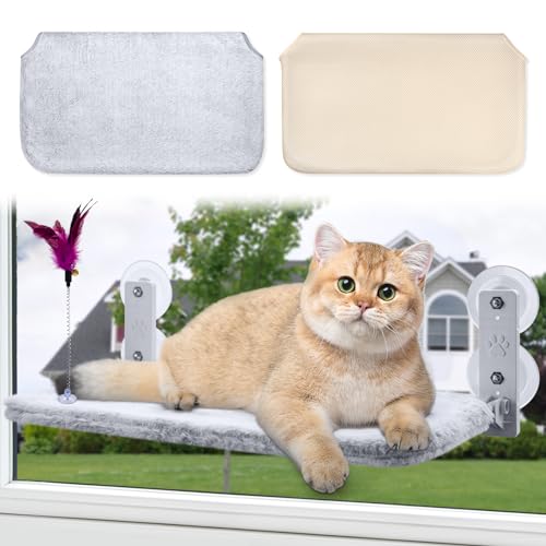 Katzen Fensterliege Katzen Hängematte Klappbar Fensterliege für Katzen mit starkem Saugnapf, 2 Abnehmbare, Waschbare Stoffbezüge 52x30cm, Beige Mesh+Grey Samt von Hemiro