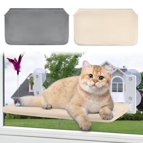 Katzen Fensterliege Katzen Hängematte Klappbar Fensterliege für Katzen mit starkem Saugnapf, 2 Abnehmbare, Waschbare Stoffbezüge 52x30cm,Grey+Beige Mesh von Hemiro