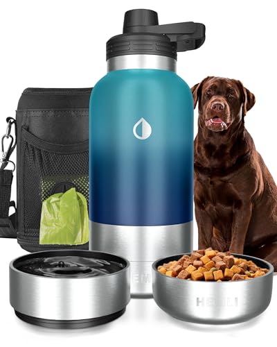 Hunde-Wasserflasche, isoliert, Reise-Wasserflasche, Edelstahl, tragbarer Futter- und Wassernapf für Hunde, mit Tragetasche für Spaziergänge, Reise-Set, Grün / Blau, 900 ml von Hemli