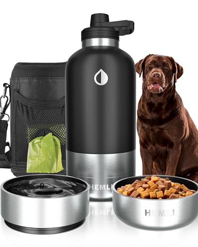 Hundewasserflasche, isolierte Reisewasserflasche, Edelstahl, Haustier-Wasserflaschenspender, tragbarer Futter- und Wassernapf für Hunde, mit Tragetasche für Spaziergänge, Hundekantine, Reise-Set von Hemli