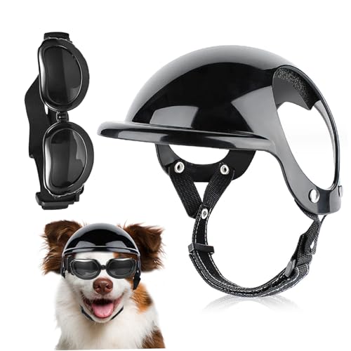 Hemore Hundehelm und Schutzbrille 2pcs/Set Einstellbarer Kinngurt Dome Hundehelm mit Ohrloch Winddichte stilvolle dekorative Hundbrille Haustier Vorräte, Hundemotorradhelm, Hundbrillenbrille von Hemore