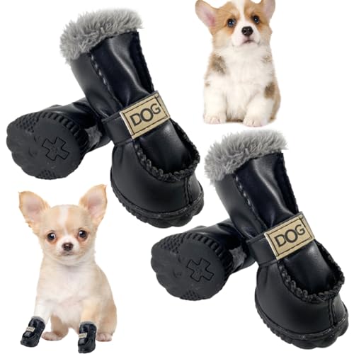 Hunde Winterstiefel 4pcs/Set Wärme Plüsch Synthetische Lederhundschuhe weiche, rutschfeste Hundeschnee für kleine und mittelgroße Hunde, Größe 1#, Hundefutter, Hundeschuhe von Hemore