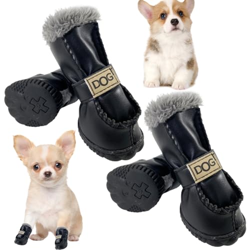 Hunde Winterstiefel 4pcs/Set Wärme Plüsch mit synthetischen Lederhundschuhen weiche Hundeschneeschnee für kleine und mittelgroße Hunde, Größe 2#, Hundefutter, Hundeschuhe von Hemore