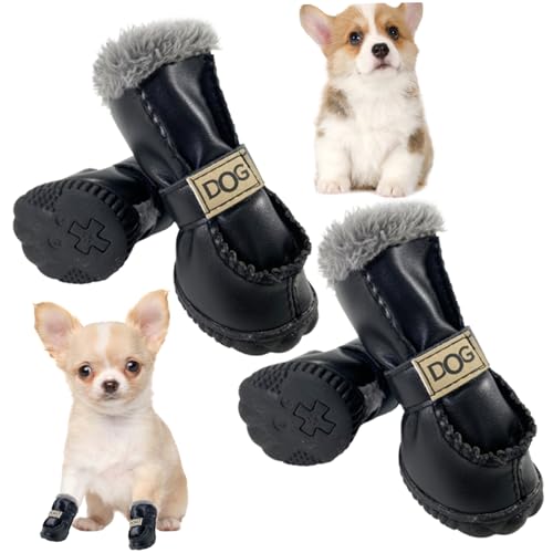 Hunde Winterstiefel 4pcs/Set Wärme Plüsch mit synthetischen Lederhundschuhen weiche Hundeschneeschnee für kleine und mittelgroße Hunde, Größe 3#, Hundefutter, Hundeschuhe von Hemore