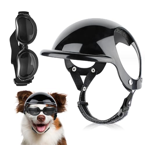 Hemore Hundehelm und Schutzbrille 2pcs/Set Einstellbarer Kinngurt Dome Hundehelm mit Ohrloch Winddicht stilvolle dekorative Hundbrille Haustier Vorräte, Hundehelm, Hundehelm und Schutzbrille von Hemore