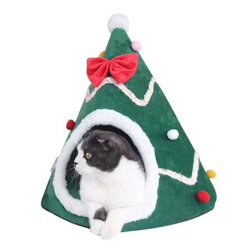 Weihnachten Katzenhaus, Plüsch Weihnachtsbaumkatze Bett mit abnehmbarem Kissen, selbstgewärmtes Innenkätzchenhaus, halbgeklagtes Haustiernest für Innen- und 2-kg-Katzen (Größe S, 45 cm/17,8 Zoll) von Hemore