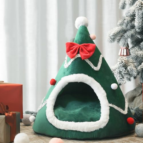 Weihnachtskatze-Bett Nicht-Schlupf-Xtmas-Baum mit abnehmbarem Kissen für 4 kg Haustiere selbst bewarmante Innenkätzchen Haus Xmas Dekor Geschenk Größe M, Weihnachtskatze, Weihnachtskatze Bett von Hemore