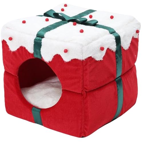 Weihnachtskatze Bettkiste, 14 -Zoll -Weihnachtsgeschenkbox -Form -Katzenhaus mit Matte, plüschiger Winter warmes Kätzchen -Nestbett, Meerschweinchen -Fehle, Haustierhöhlenbetten für kleine Hundekatze von Hemore