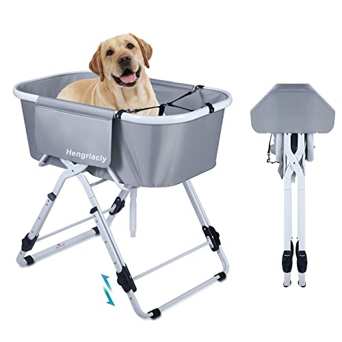 Hengriacly Hundebadewanne, Erhöhtes Haustierbadewanne, Höhenverstellbarer Haustierpflegewanne max. bis 65kg, Collapsible und Tragbare, Badewanne für kleine bis mittelgroße Hunde und Katzen (Grau) von Fiutazge