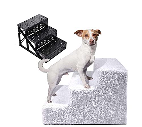 Hengz 35 x 45 x 30 cm Hundetreppe, Haustiertreppe, Hundeleiter für Zuhause, Rampentreppe für kleine Hunde mit Plüschbezug, tragbare Haustiertreppe für Welpen, Kätzchen, weiß von Hengz