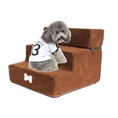 Hengz Abnehmbare Haustiertreppe für Hunde und Katzen, 3 Stufen, waschbar, Hundetreppe für kleine Hunde, tragbare Leiter, Teppichtreppe, Haustier-Sofa-Bett für Hunde, 30 x 35 x 30 cm, Hellbraun von Hengz