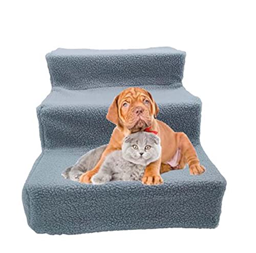 Hengz Abnehmbare Hundetreppe, 35 x 45 x 30 cm, Hundetreppe, Plüschbezug, Leiter für hohes Bett, 3 Stufen, Rampe Hundetreppe, tragbar für kleine Hunde, grau von Hengz