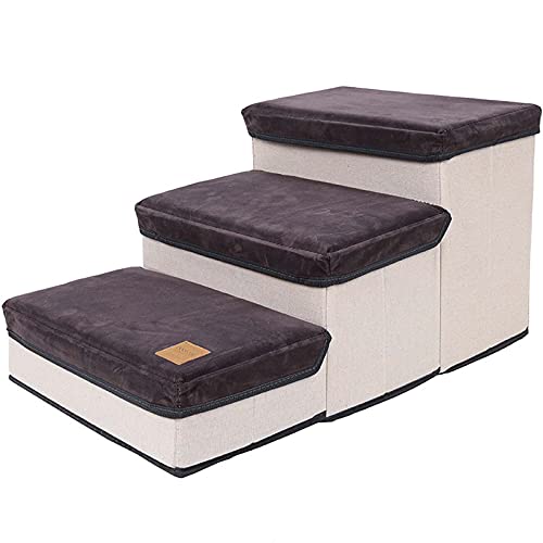 Hengz Faltbare Hundetreppe mit Stauraum 3 Stufen Haustiertreppe Hundebett Sofa für kleine ältere Hunde Leiter mit Deckel Katze Hundetreppe Klettern 60*35*30CM Grau von Hengz