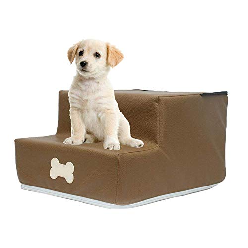 Hengz Haustiertreppe für Hunde und Katzen, 2 Stufen, Hundetreppe, 30 x 35 x 20 cm, Hundetreppe, wasserdicht und rutschfeste Unterseite, Hundebett, Sofa, Leiter, strapazierfähiges PU-Leder, Khaki von Hengz