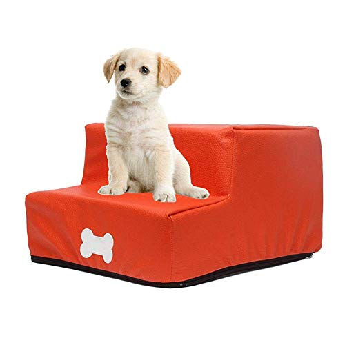 Hengz Haustiertreppe für Hunde und Katzen, 2 Stufen, Hundetreppe, 30 x 35 x 20 cm, Hundetreppe, wasserdicht und rutschfeste Unterseite, Hundebett, Sofa, Leiter, strapazierfähiges PU-Leder, Orange von Hengz