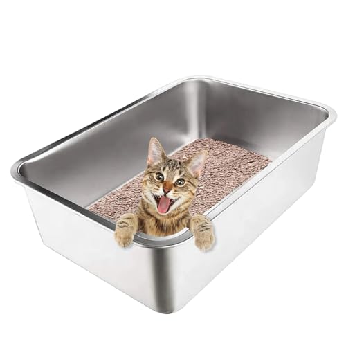 Edelstahl-Katzentoilette + Katzenstreuschaufel, extra große Katzentoilette hat hohe Seiten, Katzenstreuschaufel hat eine Sieb aus Aluminiumlegierung, Metallschaufel und eine Tiefe Schaufel. von HeroFiber