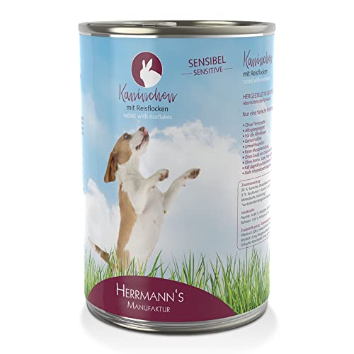 Herrmann´s Manufaktur Manufaktur Kaninchen für Sensible Hunde - Hundefutter nass mit Reisflocken - Alleinfuttermittel für Hunde - Gute Verträglichkeit - glutenfrei, laktosefrei (12 x 400 g Dose) von Herrmann´s Manufaktur