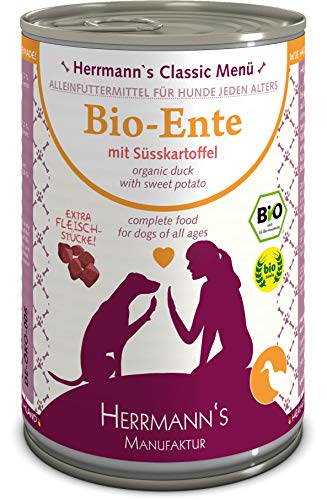 Herrmanns Bio Hundefutter Ente Menu 1 mit Süßkartoffel, Kürbis, Nachtkerzenoel 400 g, 12er Pack (12 x 400 g) von Herrmanns