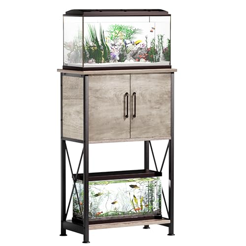 Herture 5–10 Gallonen Fischtankständer, Metall-Doppel-Aquarium-Ständer mit Schrank für Aquarium-Zubehör, Aufbewahrung, robuste 52 cm L x 28 cm B Tischplatte, 227 kg Kapazität, Grau PG06YGB von Herture