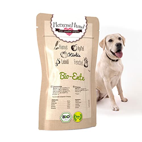 HerzensHund® (15 x 130g) | Bio-Ente Hundefutter mit Bio-Gemüse für ausgewachsene Hunde | Bio Zertifiziert | Super Premium Nassfutter für Erwachsene Hunde | 15er Pack von Herzens-Hund