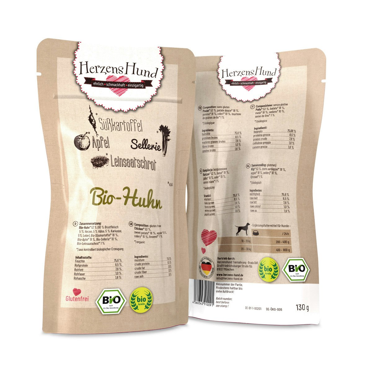 Herzenshund 130 Gramm Hundenassfutter Sparpaket 30 x 130 Gramm Bio Huhn mit Süßkartoffel