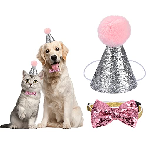 Haustier Geburtstag Hut Hund Katze Partyhüte mit Fliege Pailletten Verstellbarem Headwear Kostüm für Katzen Hunde 2 Stück von Heveer