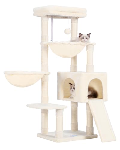 Hey-brother Großer Katzenbaum, Katzenturm für Indoor-Katzen, Katzenhaus mit gepolstertem Bett, gemütliches Höhlen, Hängematten, Sisal-Kratzstämme, großer Kratzbaum, Beige MPJ006-MM von Hey-brother