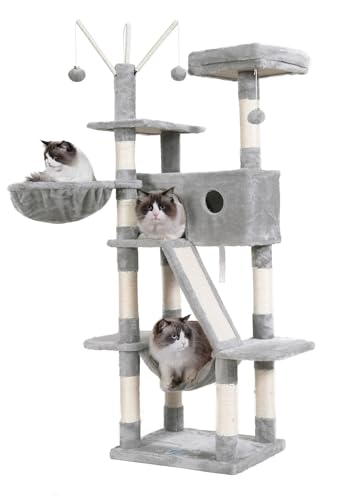 Hey-brother Katzenbaum, 155 cm Katzenturm für Indoor-Katzen, Katzenhaus mit gepolstertem Plattformbett, Spielzeugbälle, große gemütliche Wohnung, Hängematten und Sisal-Kratzstämme, Hellgrau MPJ019W von Hey-brother