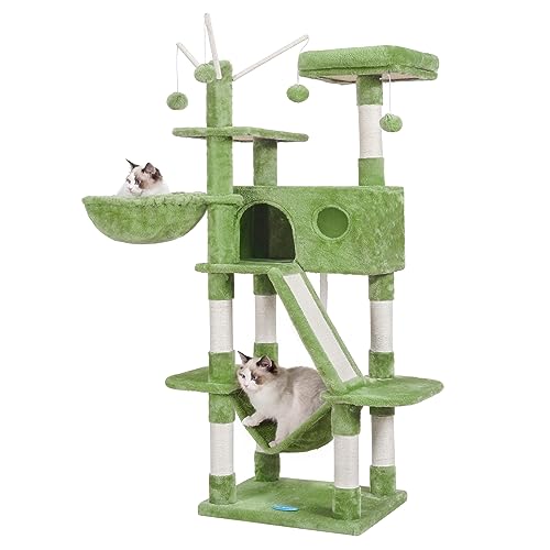 Hey-brother Katzenbaum, Katzenturm für Indoor-Katzen, Katzenhaus mit gepolstertem Plattformbett, Spielzeugbälle, große, gemütliche Höhle, Hängematten und Sisal-Kratzbäume, 154,9 cm, Grün MPJ019GR von Hey-brother