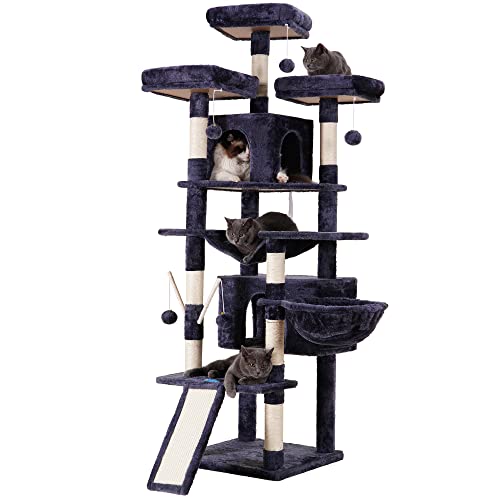 Hey-brother Katzenbaum, 180.3 cm, XL, großer Katzenturm für Indoor-Katzen, mehrstufiges Katzenhaus mit 3 gepolsterten Sitzstangen, großem Kratzer, 2 Katzenhäuser und Kratzstämme, rauchgrau MPJ034G von Hey-brother