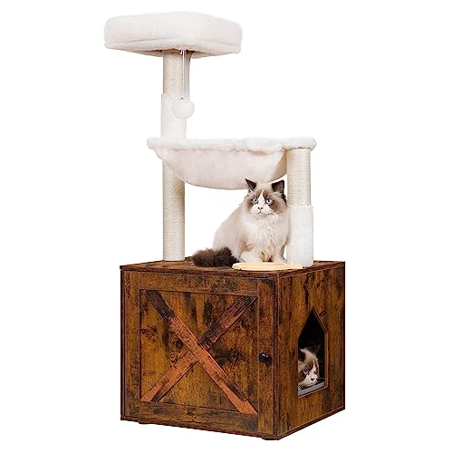 Hey-brother Katzenbaum mit Katzentoiletten-Gehege, All-in-One-Katzenturm für Indoor-Katzen mit großer Hängematte, Bett, Futterstation, Kratzbäume, moderner Stil, Haustiermöbel, rustikales Braun von Hey-brother