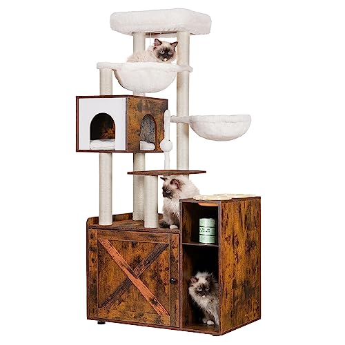 Hey-brother Katzenbaum mit Katzenklo-Gehege, moderner Katzenturm für Indoor-Katzen mit großer Plattform, Condo Futterstation und 2 Hängematten, All-in-One-Katzenmöbel, Holz Rustikales Braun MPJ115SR von Hey-brother