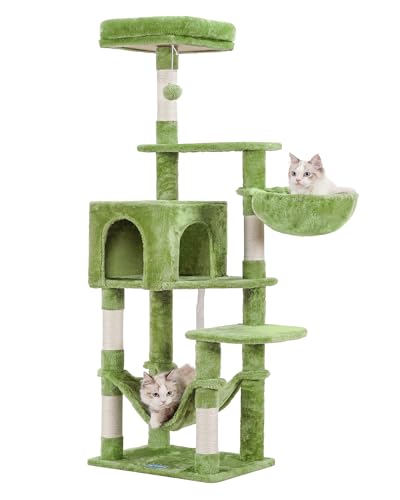 Hey-brother Kratzbaum mit großer Hängematte, mehrstöckiger Katzenturm für Indoor-Katzen, Katzenhaus mit Sisalüberzogenen Kratzbäumen und oberer Sitzstange, Grün MPJ050GR von Hey-brother