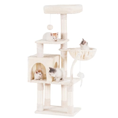 Hey-brother Kratzbaum, 111 cm Katzenbaum mit Spielzeug, Katzenkratzbaum mit Plattform, Hängematte und Sisal-Kratzstämmen, Beige EMPJ004SM-N von Hey-brother