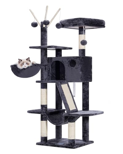 Hey-brother Kratzbaum, 134,6 cm, Katzenturm für Indoor-Katzen, Katzenhaus mit gepolstertem Plattformbett, Spielzeugbälle, große, gemütliche Höhle, Hängematten und Sisal-Kratzbäume, Rauchgrau MPJ019-SG von Hey-brother