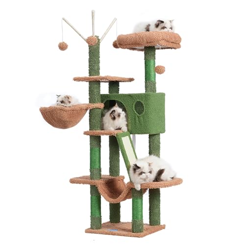 Hey-brother MPJ019SCA Katzenkratzbaum, Katzenturm für Hauskatzen, Katzenhaus mit gepolstertem Plattformbett, Spielzeugbälle, große, gemütliche Höhle, Hängematten und Sisal-Kratzstämme, Kaktus von Hey-brother