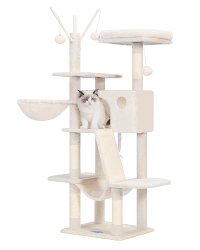 Hey-brother Kratzbaum, 134,6 cm, Katzenturm für Indoor-Katzen, Katzenhaus mit gepolstertem Plattformbett, Spielzeugbälle, großer gemütlicher Höhle, Hängematten und Sisal-Kratzbäume, Beige MPJ019-SM von Hey-brother