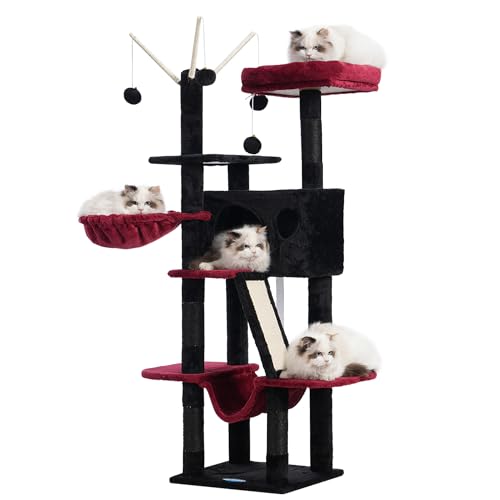 Hey-brother Gothic Kratzbaum, 134,6 cm, Katzenturm für Indoor-Katzen, Katzenhaus mit gepolstertem Plattformbett, Spielzeugbälle, große gemütliche Höhle, Hängematten und Sisal-Kratzbäume, Schwarz und von Hey-brother