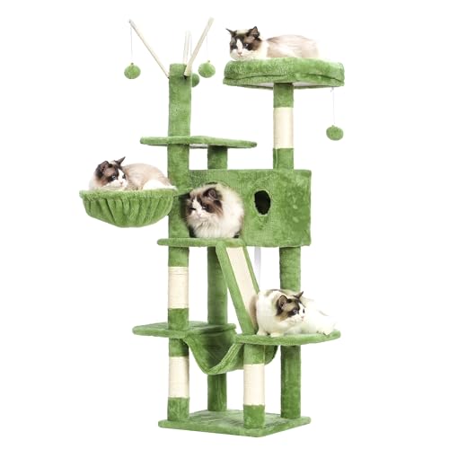 Hey-brother Kratzbaum, 134,6 cm, Katzenturm für Indoor-Katzen, Katzenhaus mit gepolstertem Plattformbett, Spielzeugbälle, großer gemütlicher Höhle, Hängematten und Sisal-Kratzbäumen, Grün MPJ019-SGR von Hey-brother