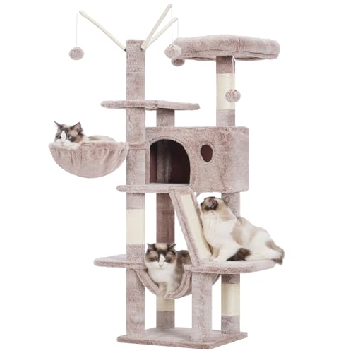 Hey-Brother Kratzbaum, 135 cm Indoor Katzenbaum, Mit gepolsterter Plattform Bett, Spielzeug Ball, Höhlen, Hängematte und Sisal Kratzbaum Katzenhaus, Beige-Braune MPJ019-SMU von Hey-brother