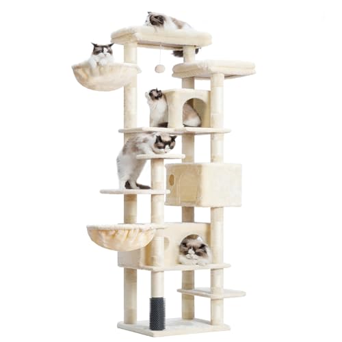 Hey-brother Kratzbaum, 180,3 cm, mehrstufiger XL-Katzenturm für Indoor-Katzen mit drei Katzenhütten, zwei großen Decks und Katzenhaarbürste für Kätzchen, Katzen und Haustiere, Beige MPJ035-MM von Hey-brother