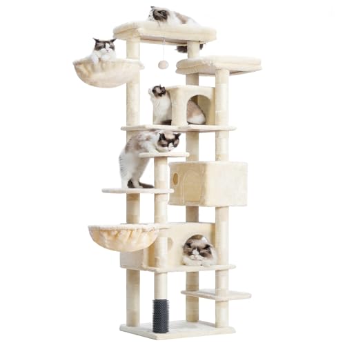 Hey-brother Kratzbaum, 53-Zoll-Katzenturm für Indoor-Katzen, Katzenhaus Mit Gepolsterter Plattform Bett, Spielzeug Bälle, Große Gemütliche Condo, Hängematten und Sisal Kratzbäume, Beige MPJ035-MM von Hey-brother