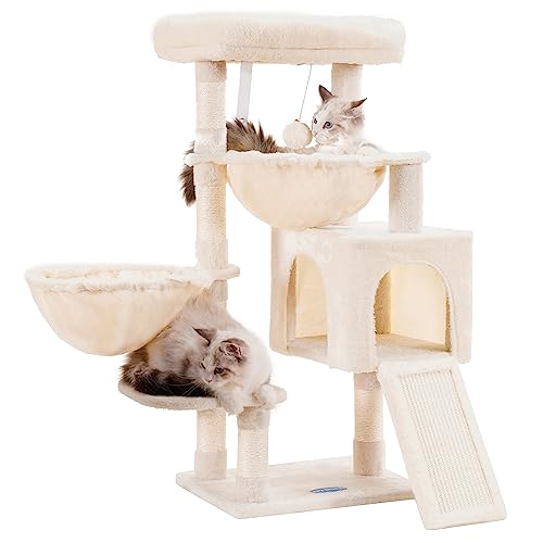 Hey-brother Kratzbaum, Katzenturm für Indoor-Katzen, Katzenhaus mit großem gepolstertem Bett, gemütliche Höhle, Hängematten, Sisal-Kratzstämme, großer Kratzbaum, Beige MPJ006SM von Hey-brother