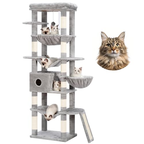 Hey-brother Kratzbaum, mehrstufiger Plüsch-Katzenturm für Indoor-Katzen mit großer Sitzstange, extra geräumige Hängematte, 2 Hängematten-Rampe, hängender Ball, Hellgrau MPJ037W von Hey-brother