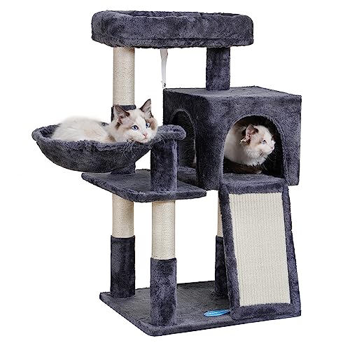 Hey-brother Kratzbaum Turm für Indoor-Katzen, Katzenhaus mit Sisal-Kratzstämmen, Kratzbrett, großes Bett, Hängematte, grau MPJ014SG von Hey-brother