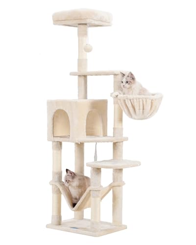 Hey-brother Kratzbaum mit großer Hängematte, mehrstufiger Katzenturm für Wohnungskatzen, Katzenhaus mit Sisal-bezogenen Kratzstämmen und Sitzstange, Beige MPJ050M von Hey-brother