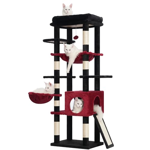 Hey-brother Kratzbaum mit großer Sitzstange oben und Hängematte, 150 cm, mehrstufiger Katzenturm für Indoor-Katzen, Katzenhaus mit Sisalüberzogenen Kratzbäumen, Schwarz und Rot MPJ057BR von Hey-brother